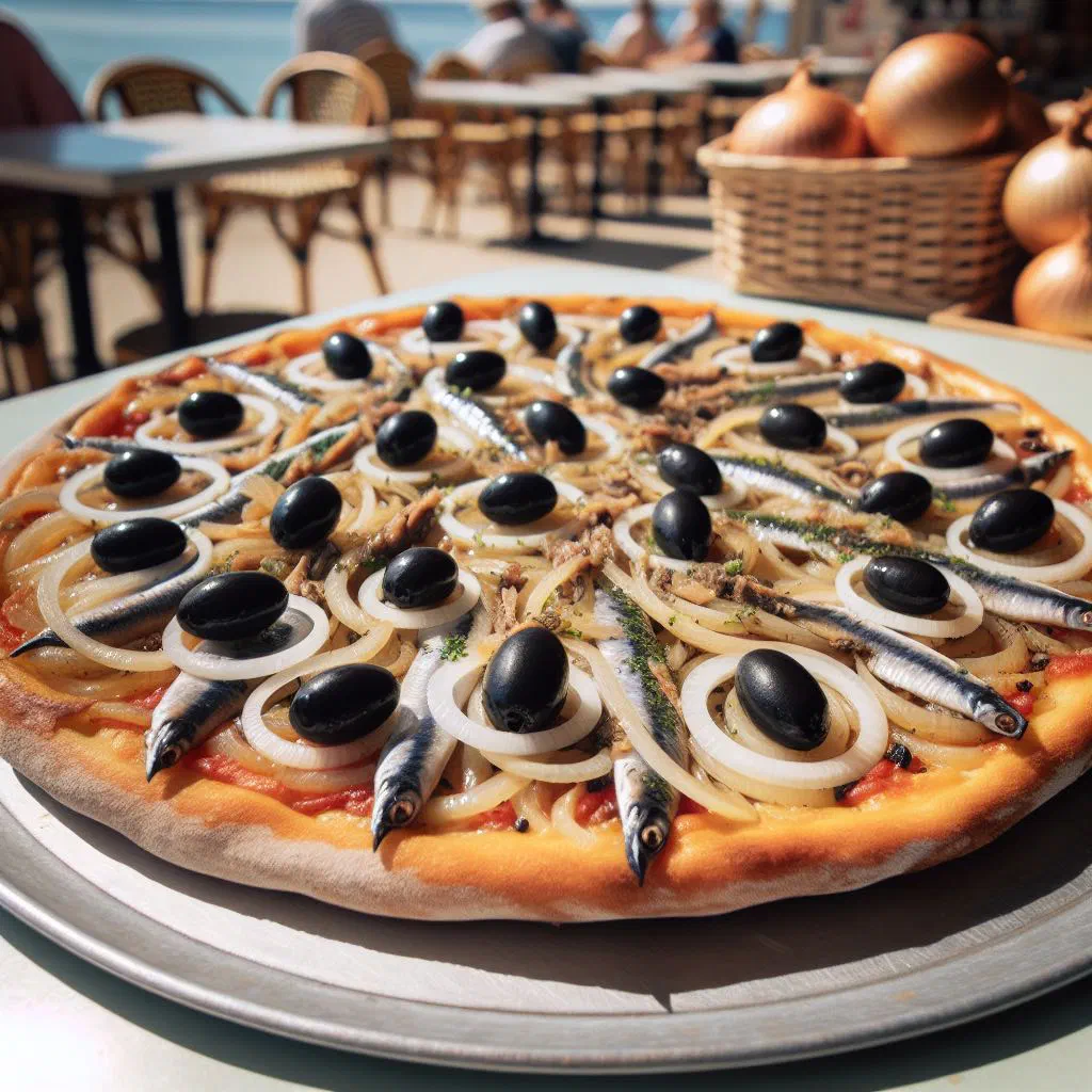 Pissaladière tart topped with caramelised onions, black olives and capers