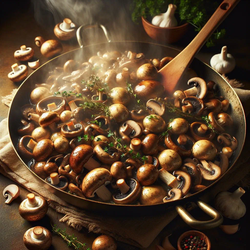 Golden sautéed mushrooms with garlic and parsley in a pan