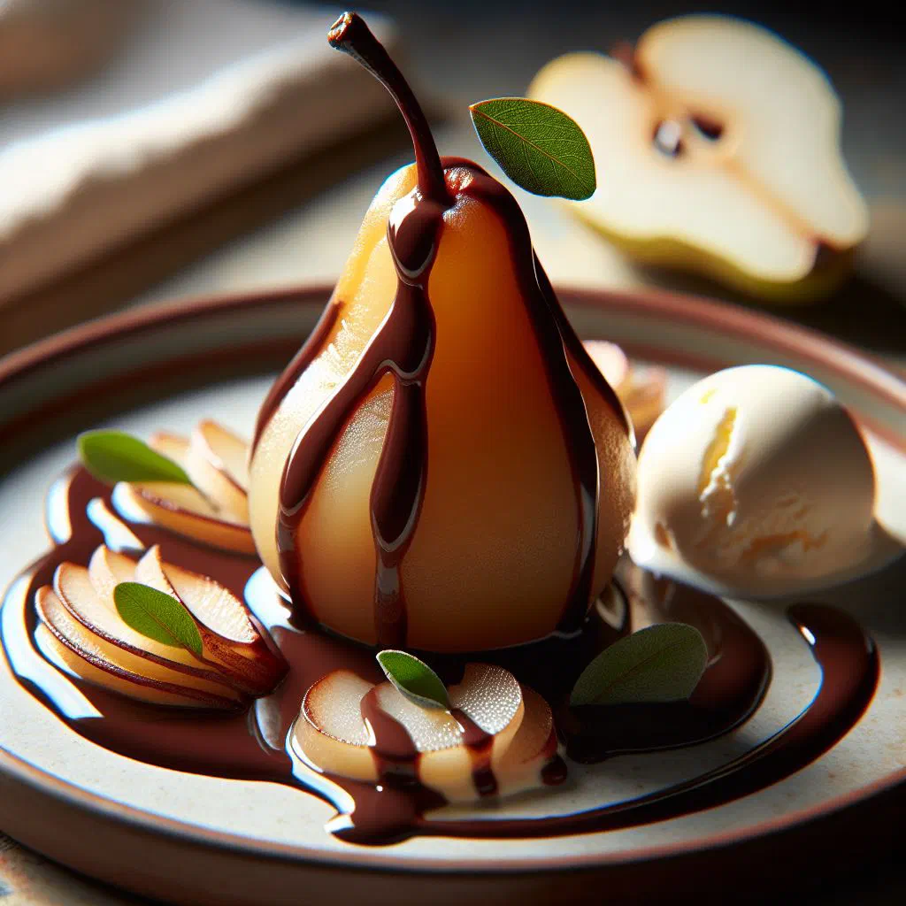Poached pear topped with warm dark chocolate sauce and a scoop of vanilla ice cream