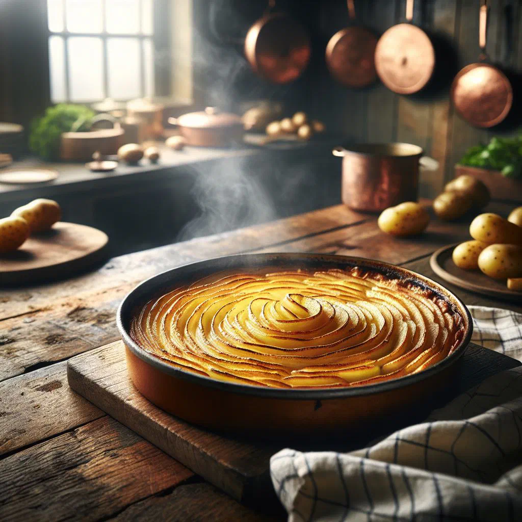 Golden, crisp layered potato cake of pommes Anna on a serving plate
