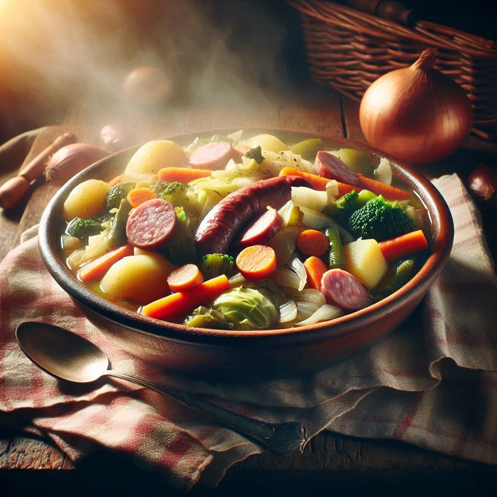 Rustic Potée Savoyarde stew with beef, pork and cabbage in a deep bowl