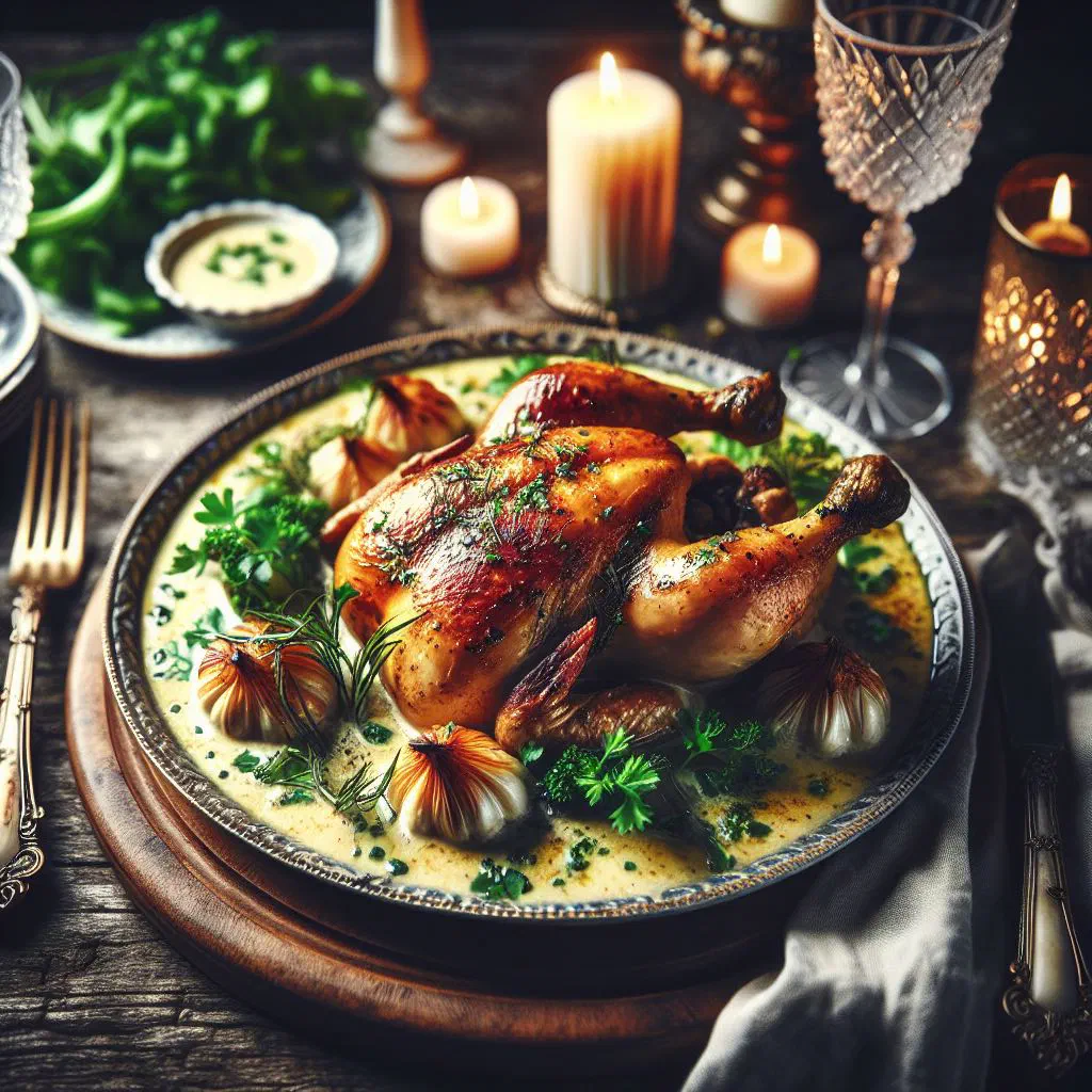 Tender chicken breasts in a creamy white wine sauce garnished with fresh herbs