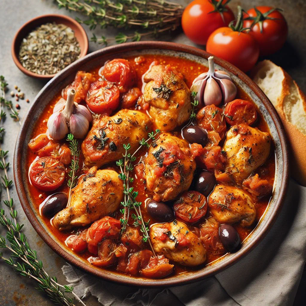 Poulet Provençal with chicken in a herby tomato and olive sauce