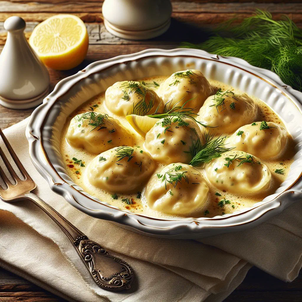 Poached poultry quenelles served in a creamy herb sauce