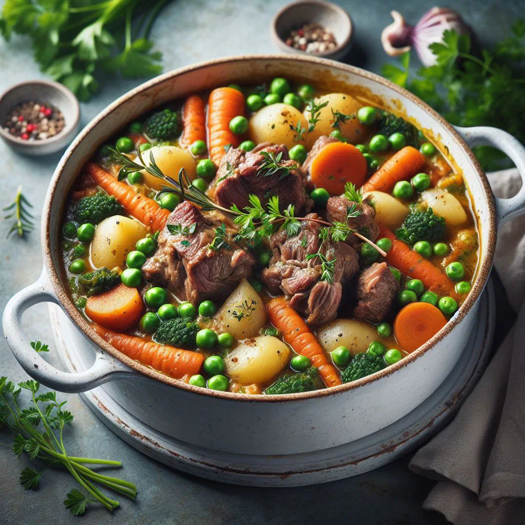 Spring lamb stew with carrots, green beans and fresh herbs in a deep bowl