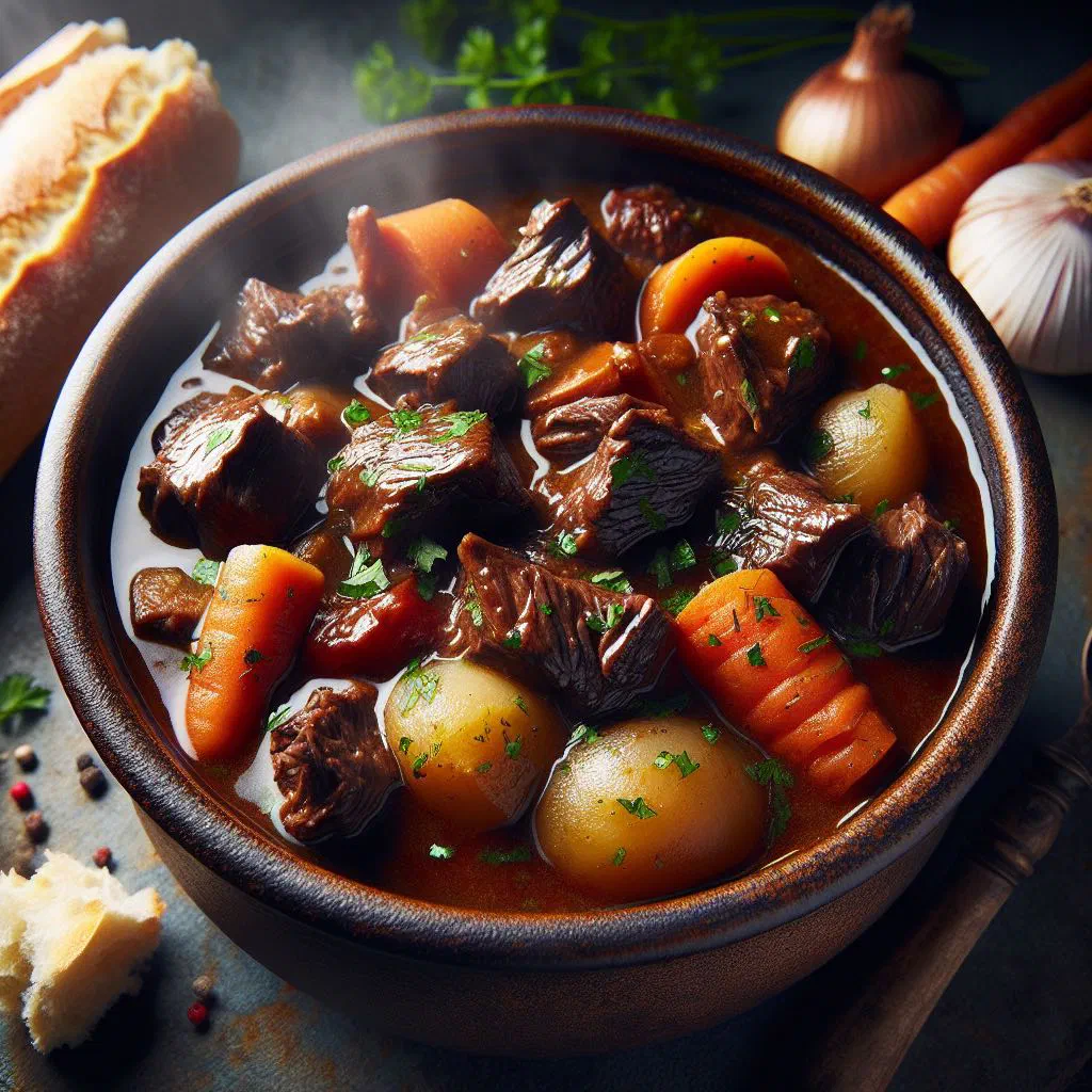 Rich French beef stew with carrots and herbs in a deep bowl