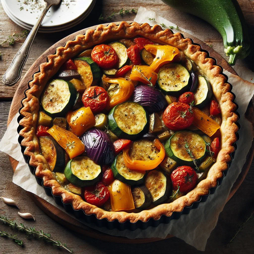Golden ratatouille tart topped with sliced courgette, aubergine and peppers