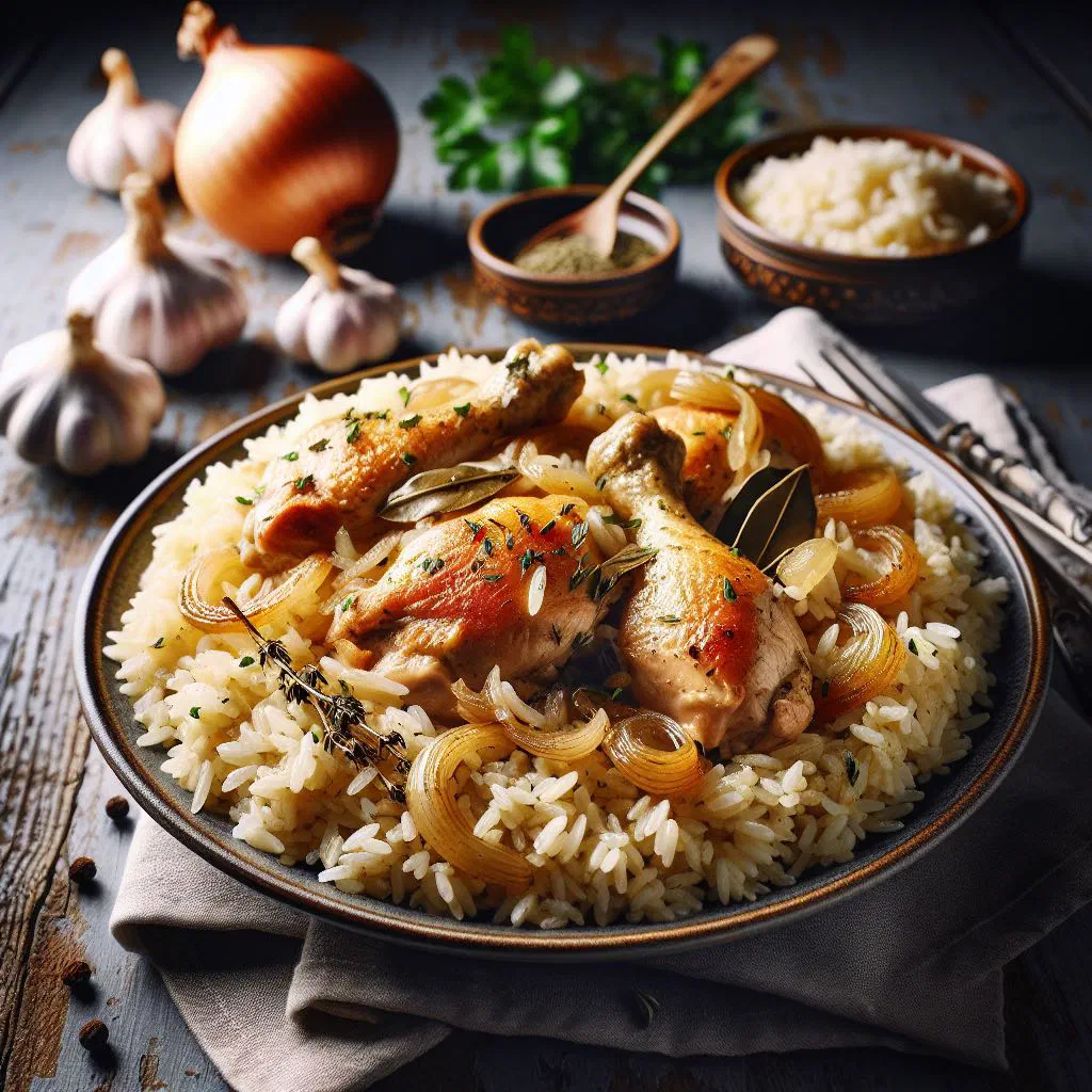 Fluffy riz pilaf à la française garnished with fresh herbs