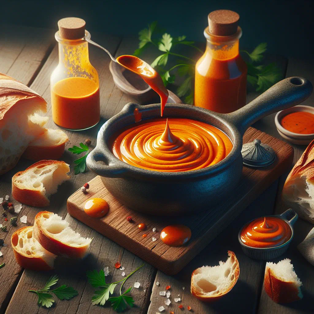 A bowl of rust-coloured rouille sétoise garnished with fresh herbs