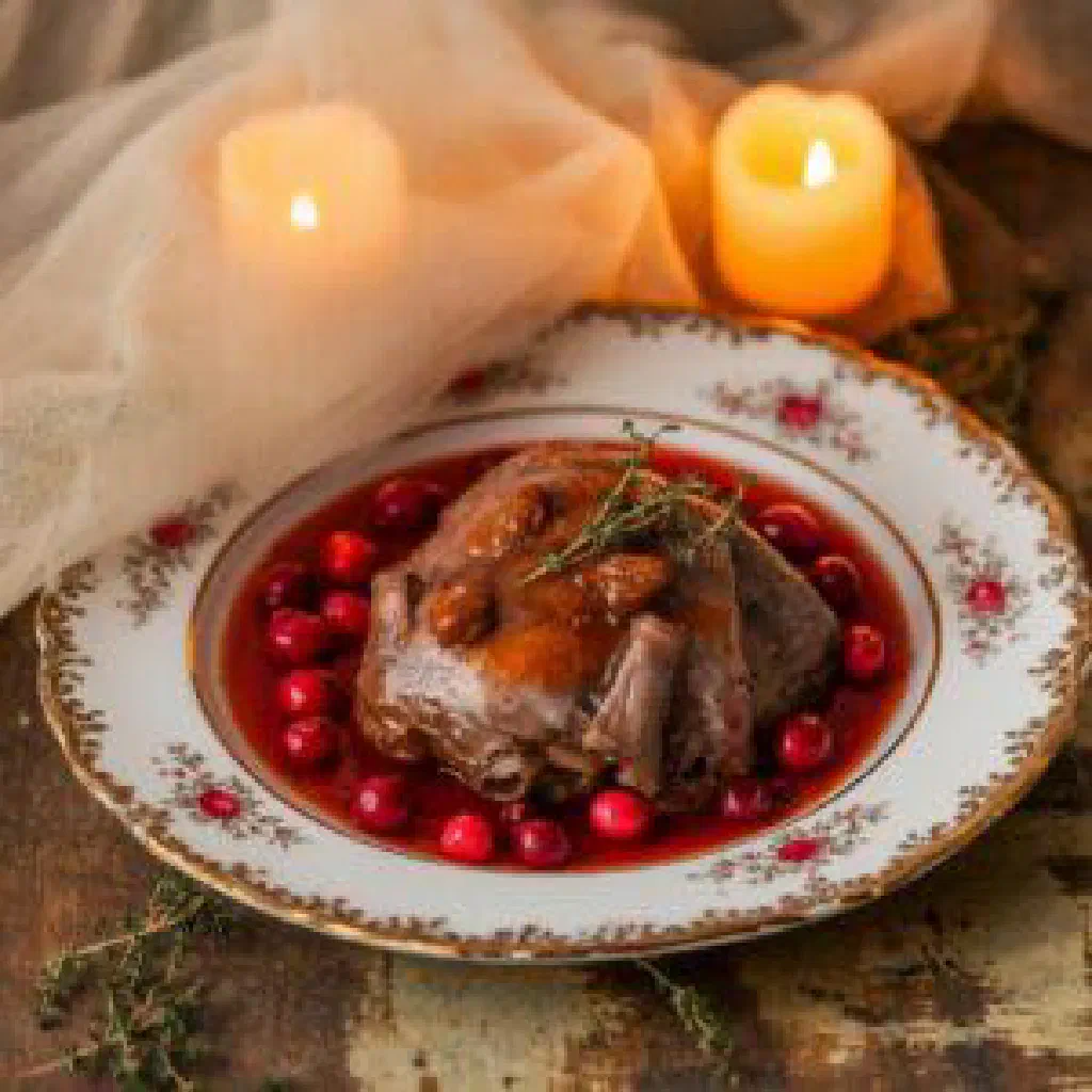 Salmis de palombe served in a rich red wine and mushroom sauce