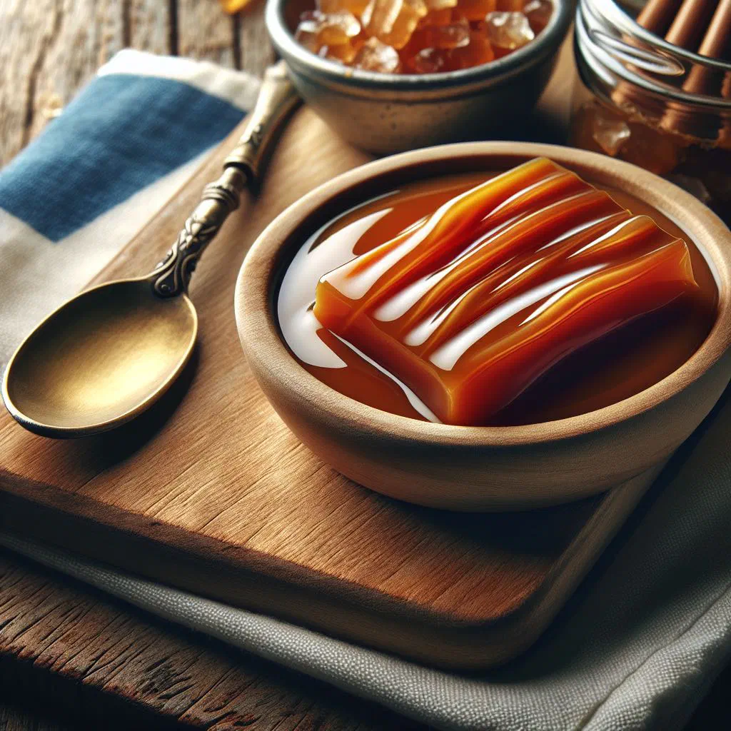 Glossy salted butter caramel sauce in a glass jar