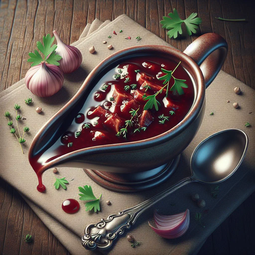 Glossy dark red wine sauce bordelaise in a small pan with shallots and thyme