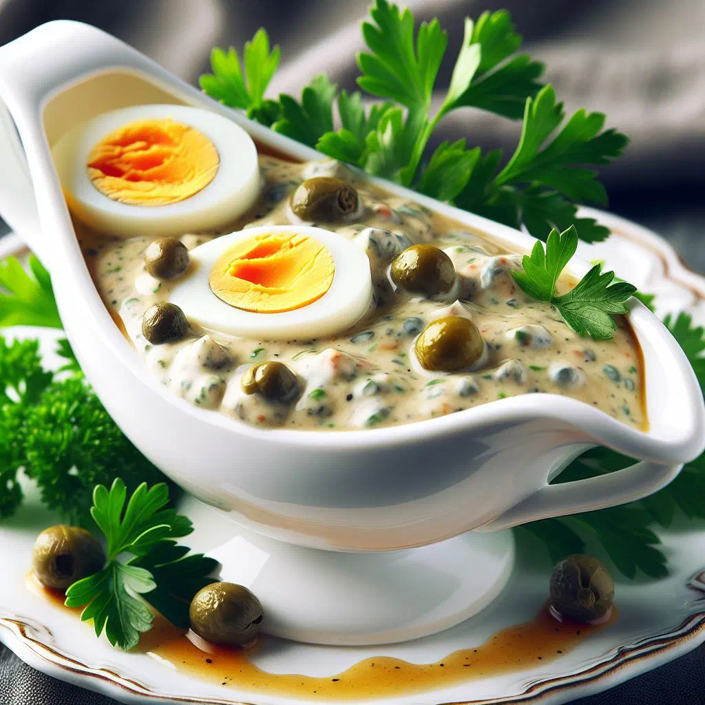 Sauce gribiche in a bowl with chopped egg and fresh herbs