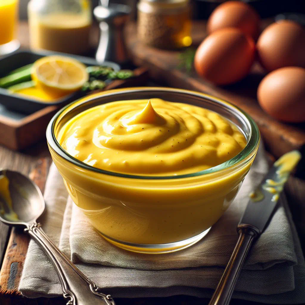 Creamy sauce hollandaise drizzled over fresh vegetables