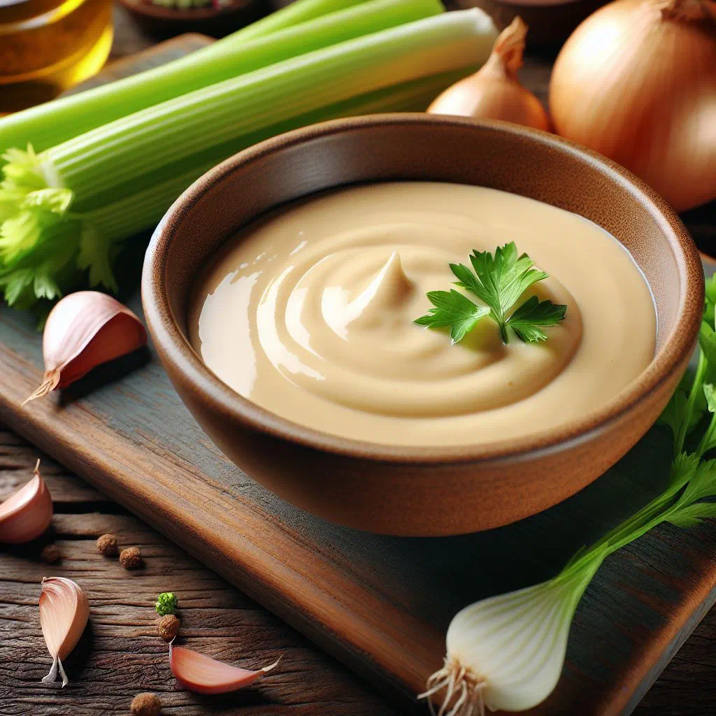 Silky French sauce velouté in a pan with a whisk