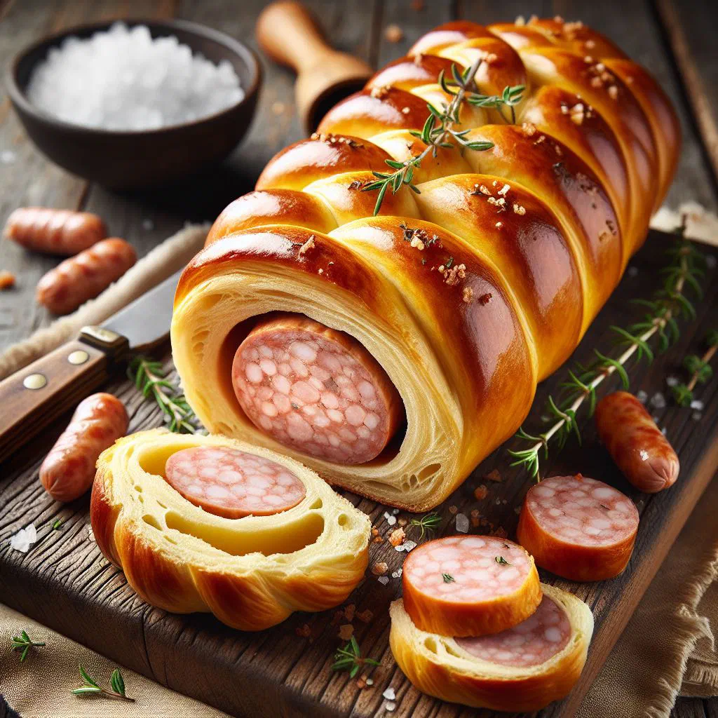 Sliced saucisson brioché showing sausage wrapped in golden brioche