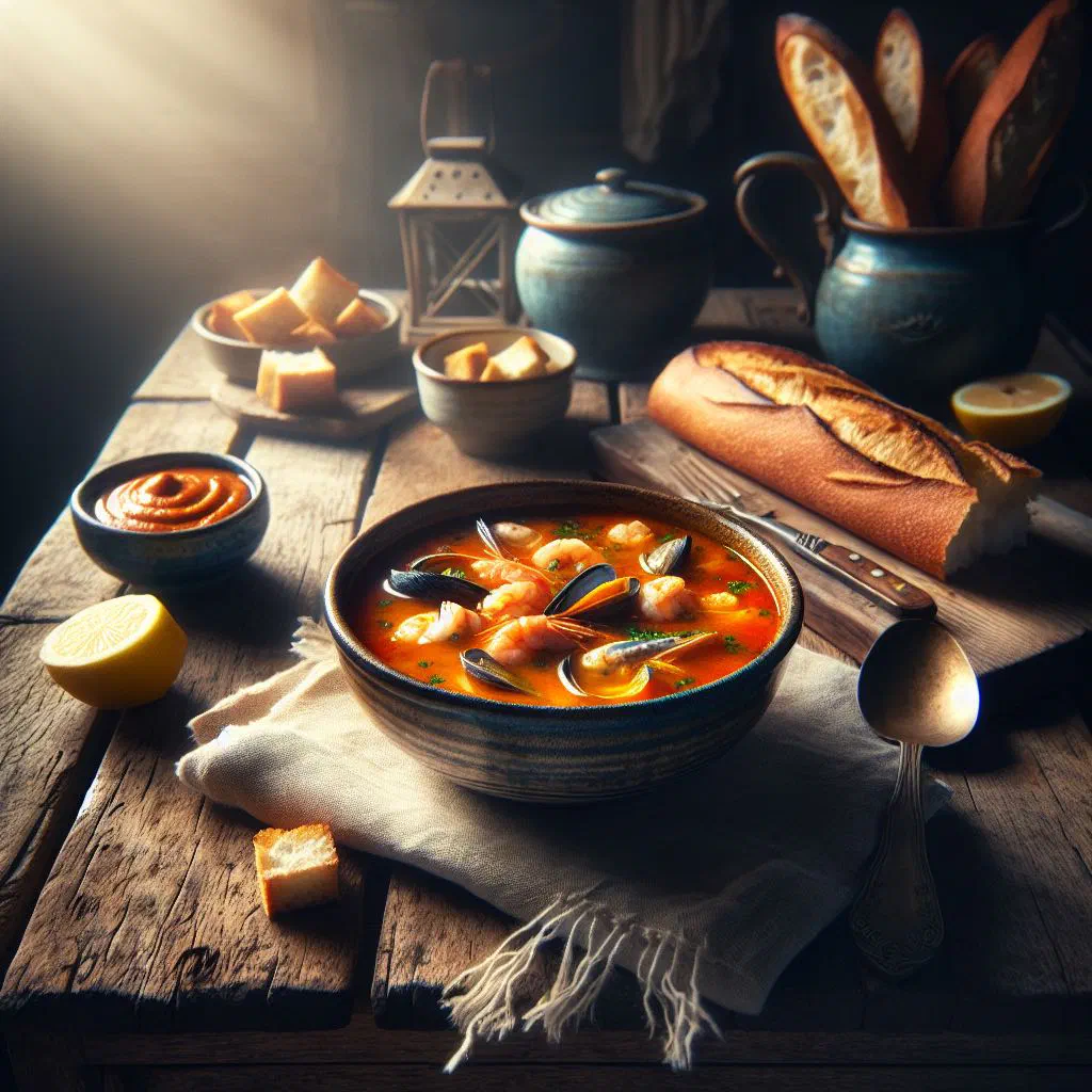 Provençal fish soup served with a spoonful of saffron rouille and fresh herbs
