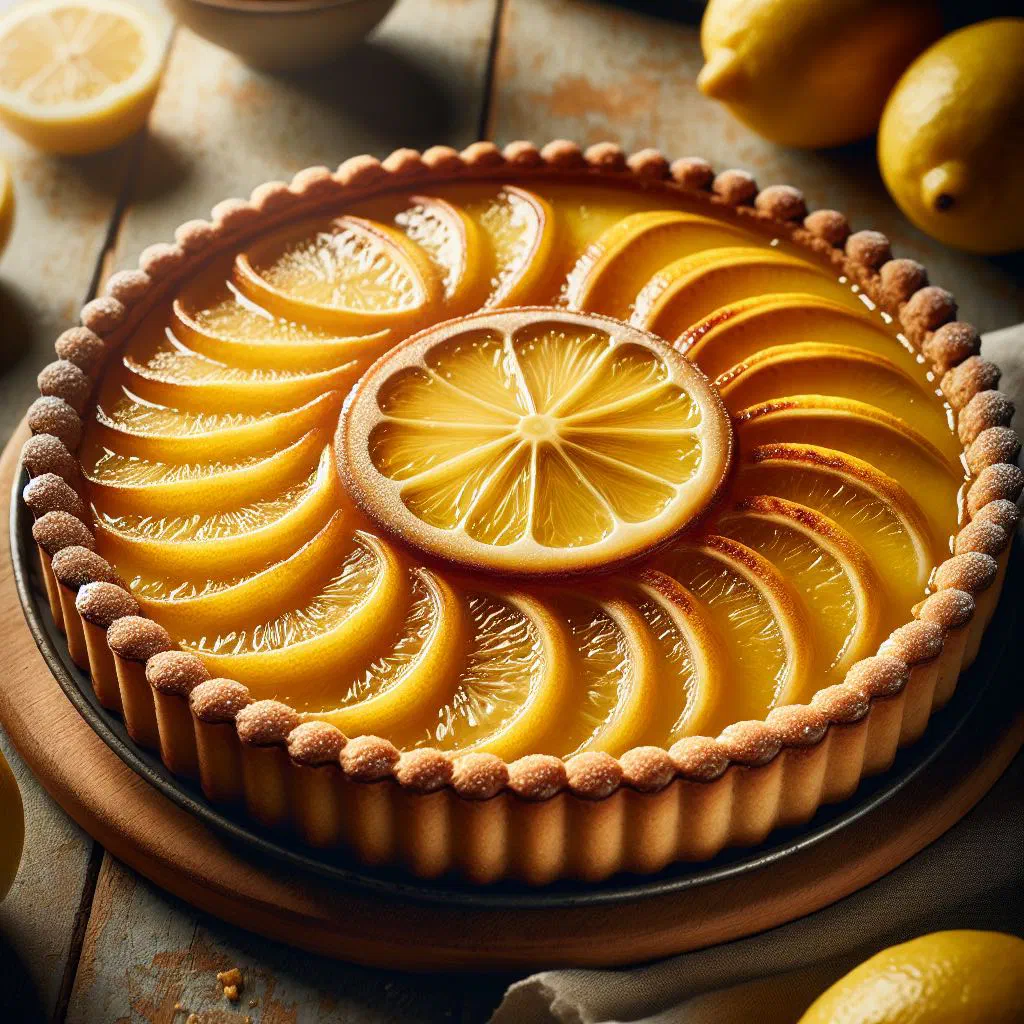 A golden lemon tart dusted with icing sugar on a crisp pastry base