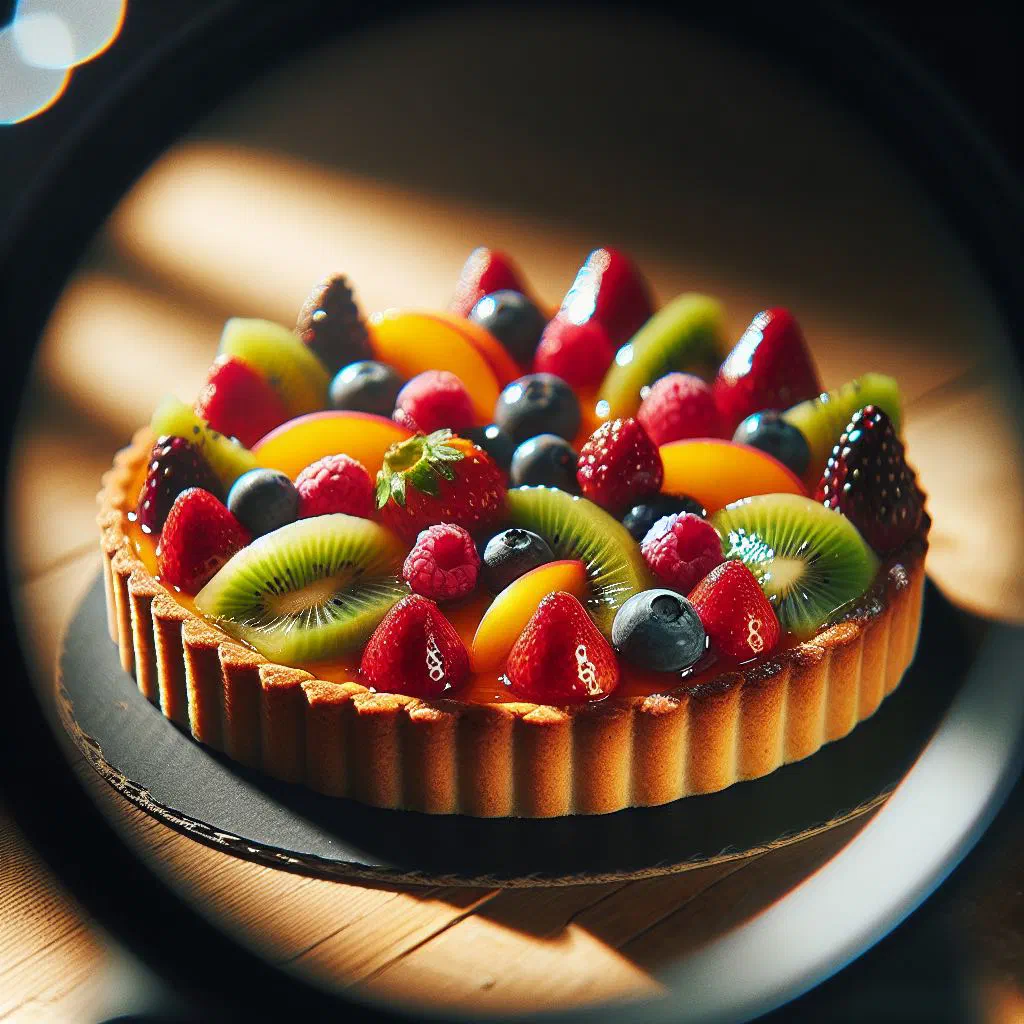Fresh fruit tart with vanilla custard and a glossy apricot glaze