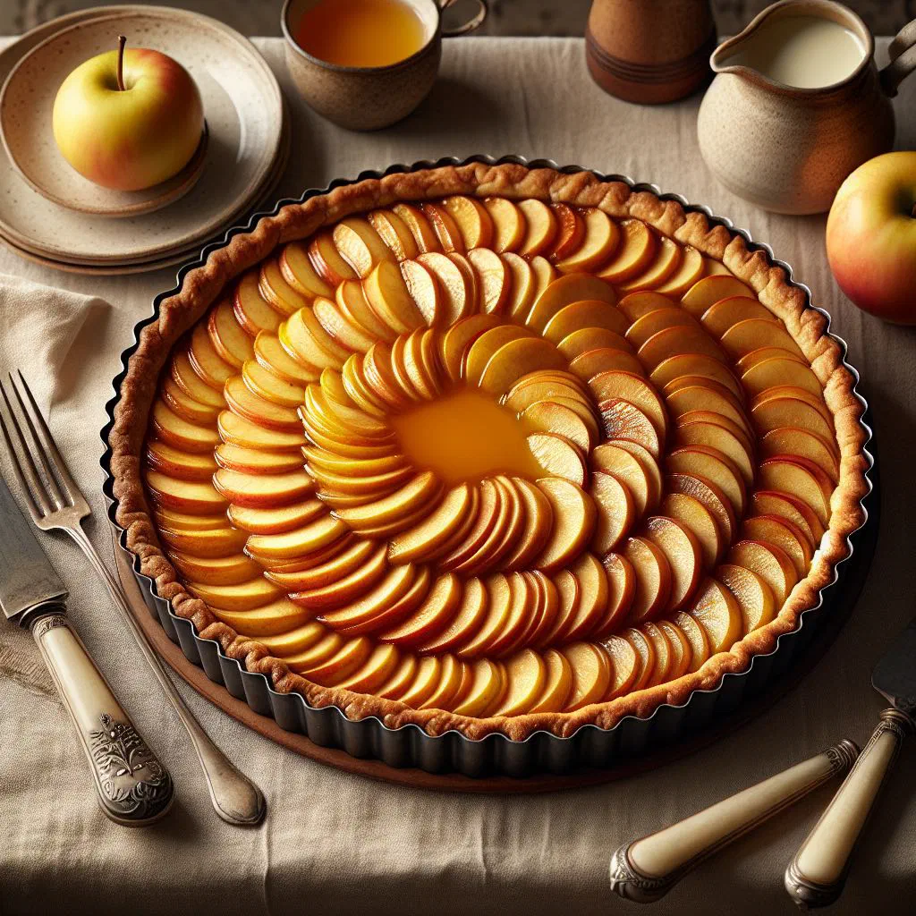 A golden French apple tart with neatly arranged apple slices on a crisp pastry base