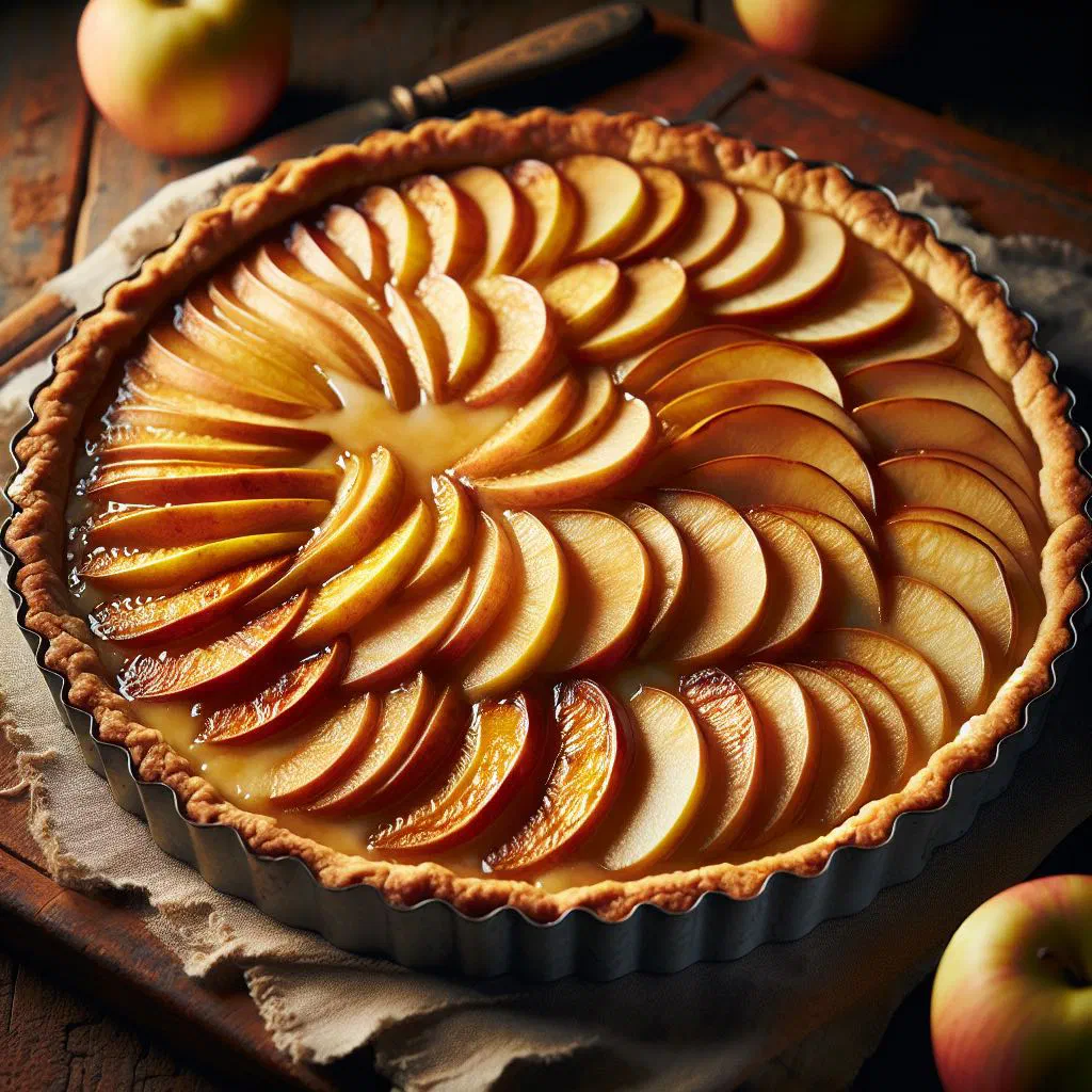 Golden apple tart with thinly sliced apples set in a creamy custard filling