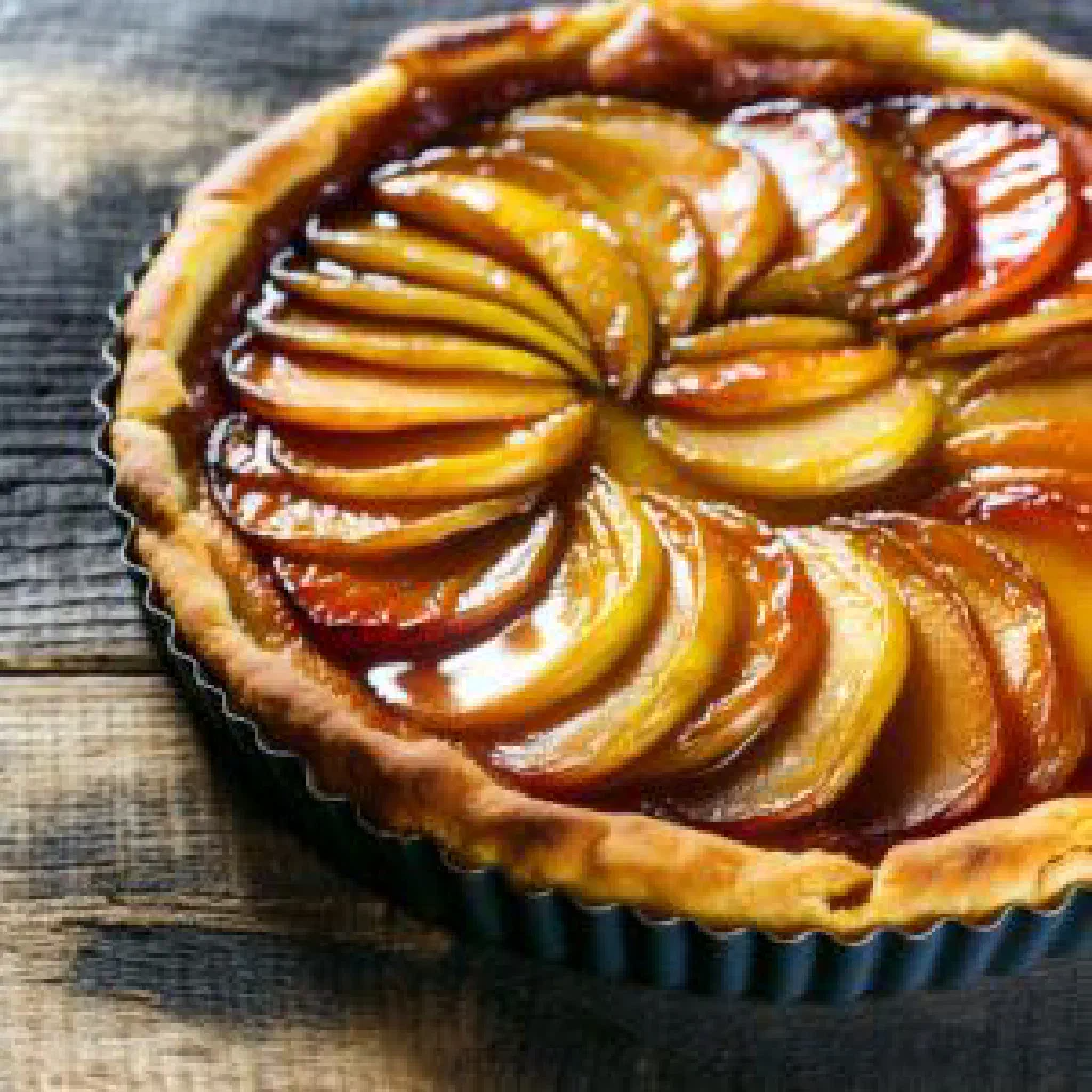 Caramelised upside-down apple tarte tatin on a serving plate