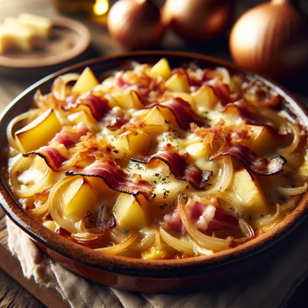 Golden baked tartiflette with melted Reblochon, potatoes and bacon