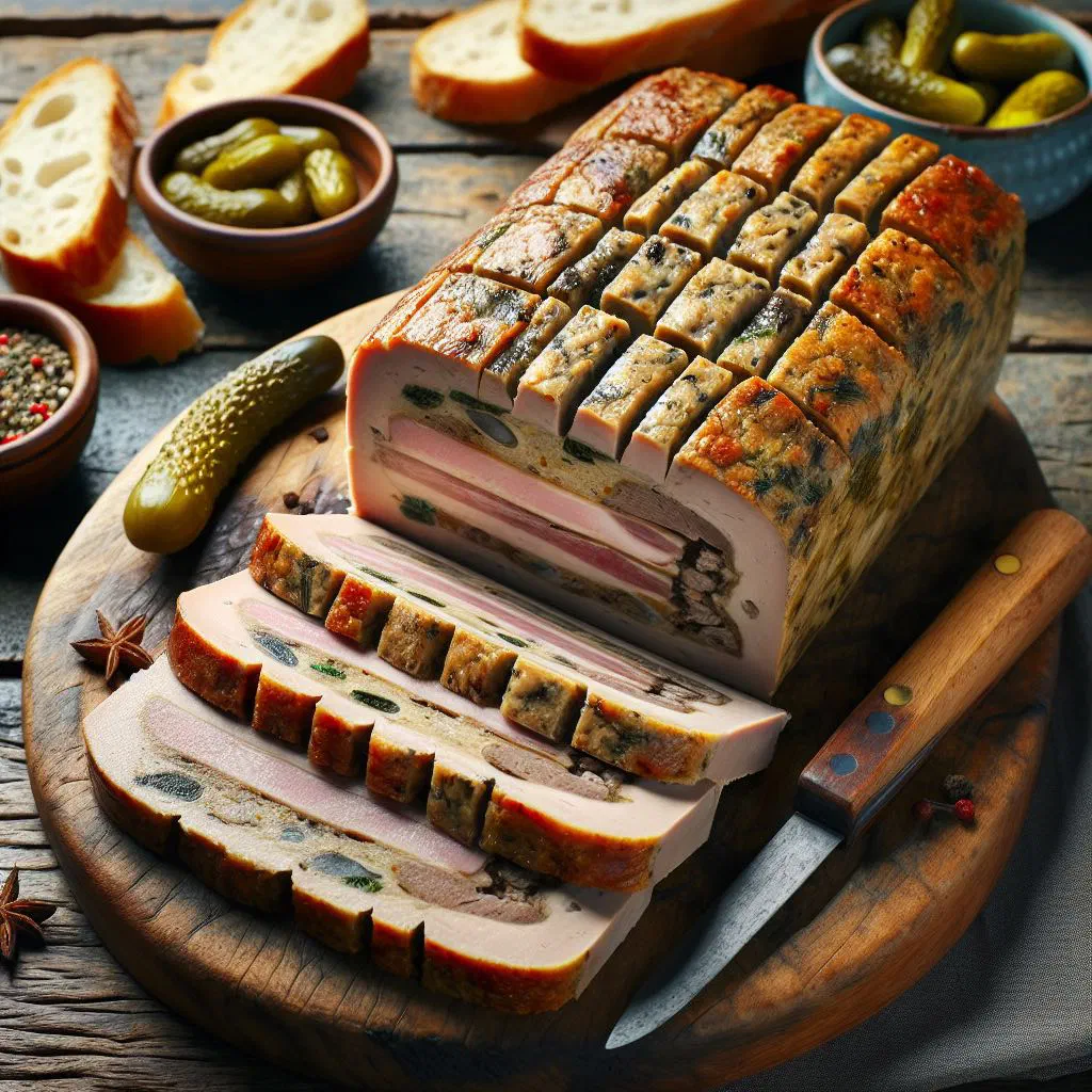 Sliced duck terrine served with fresh baguette and fruit preserve