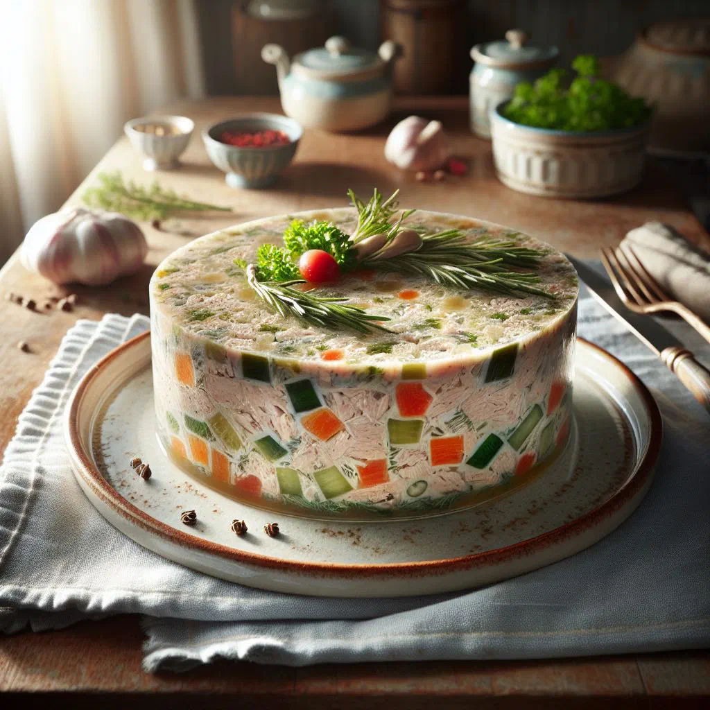 Sliced fish terrine garnished with fresh herbs and lemon