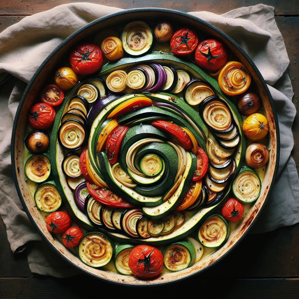 Sliced courgette, aubergine and tomato arranged in a baking dish for tian de légumes