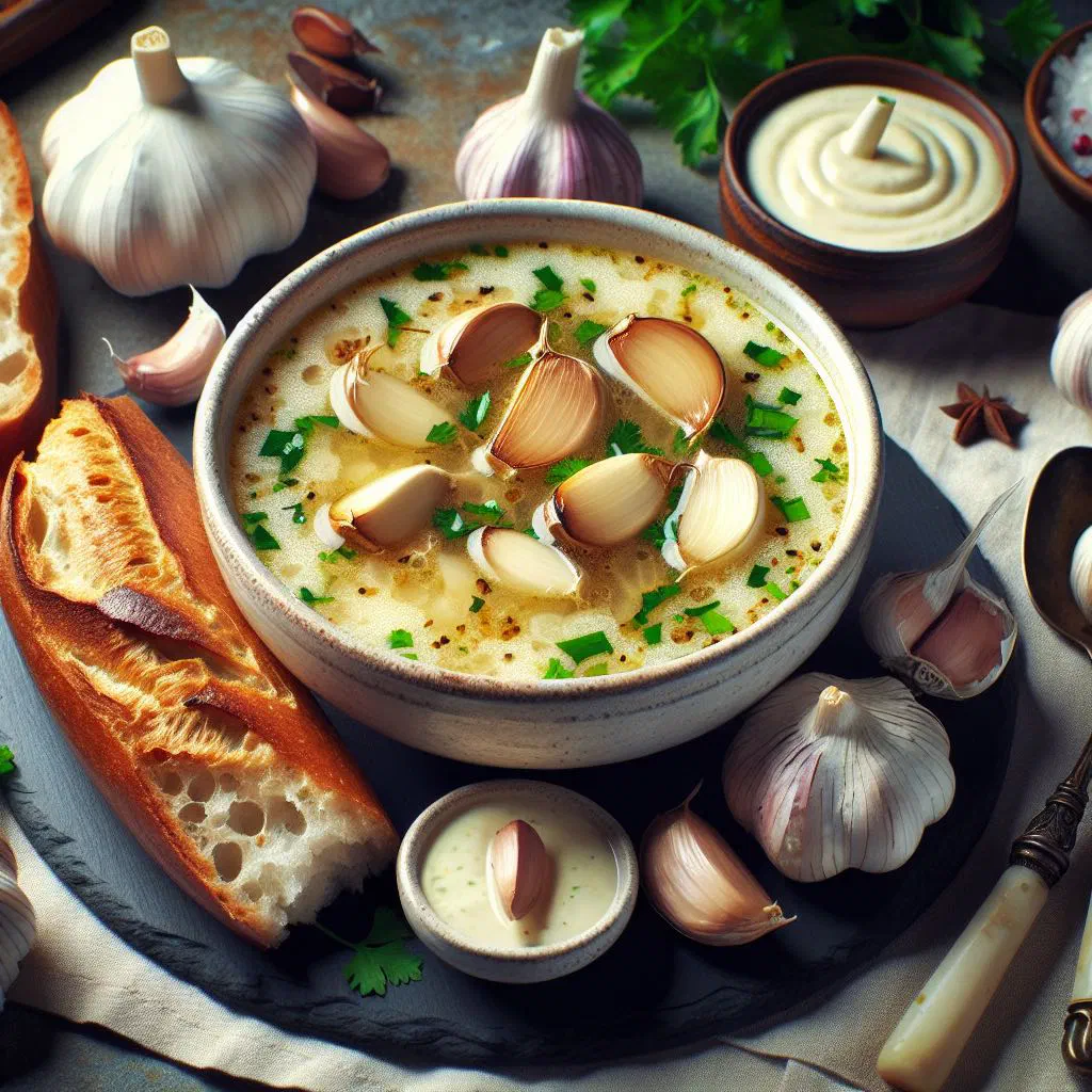A bowl of golden French garlic soup served with crusty baguette