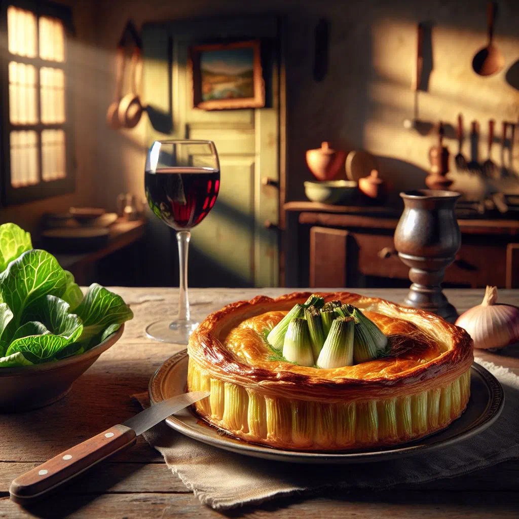 Golden baked leek pie with a creamy filling, cut into a slice