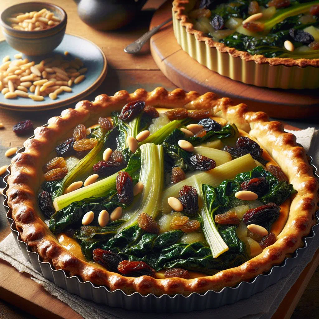 A golden Tourte de Blettes pie filled with chard and ricotta, sliced on a board