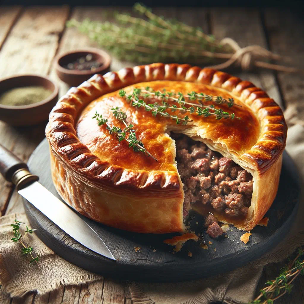 Golden baked Tourte de Viande meat pie with a flaky puff pastry crust