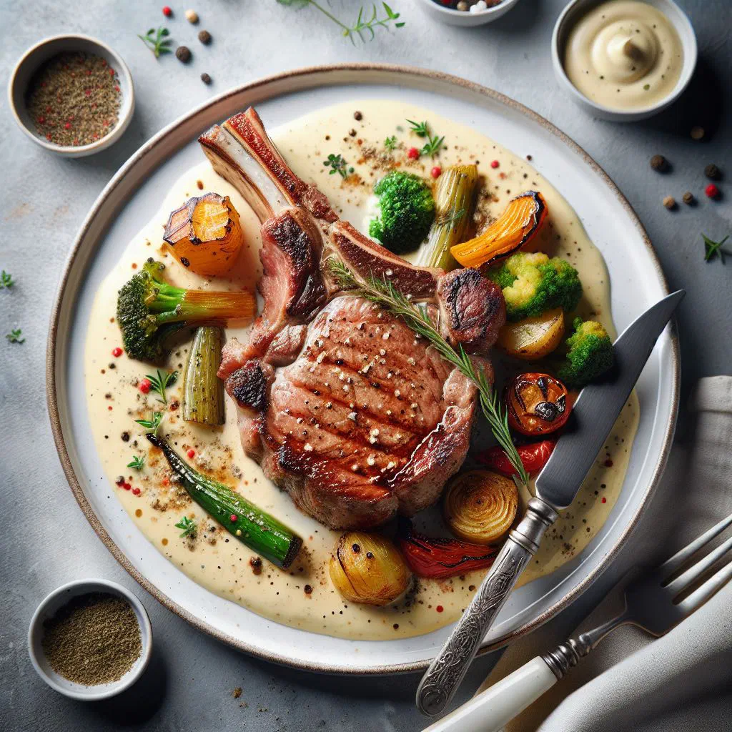 Pan-seared veal chops bathed in a glossy cream and mustard sauce
