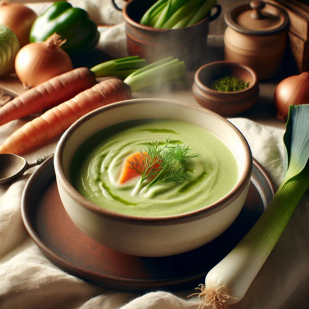 Bowl of creamy French velouté de légumes garnished with fresh herbs