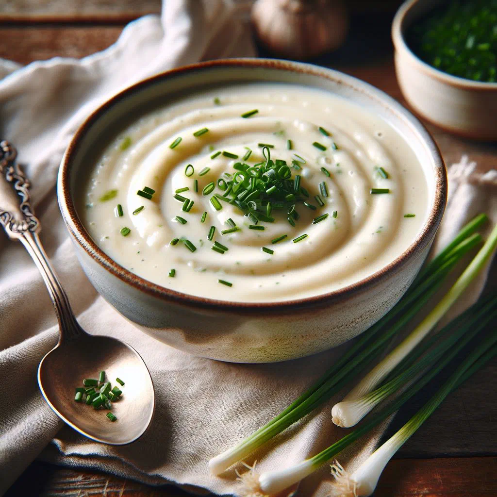 Bowl of chilled vichyssoise garnished with fresh chives