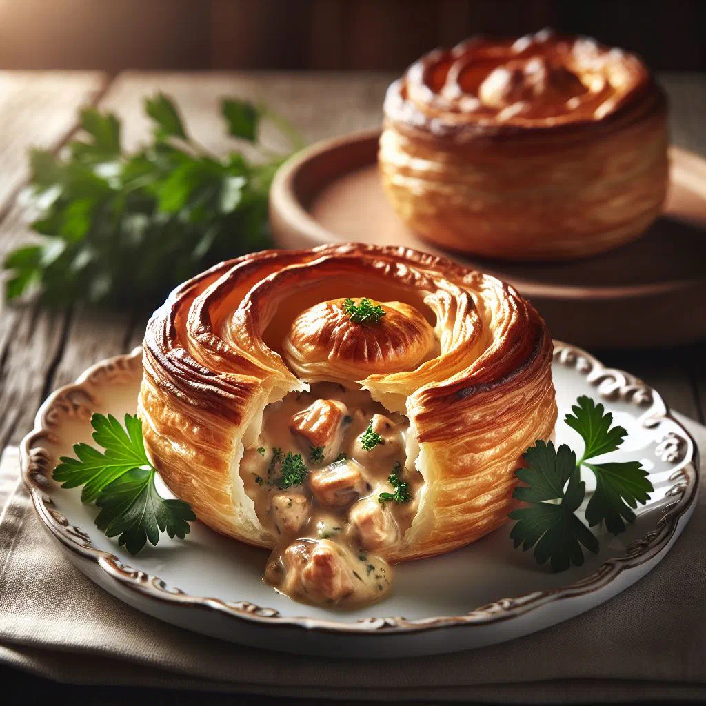 Golden vol-au-vent pastry cases filled with creamy chicken and herbs