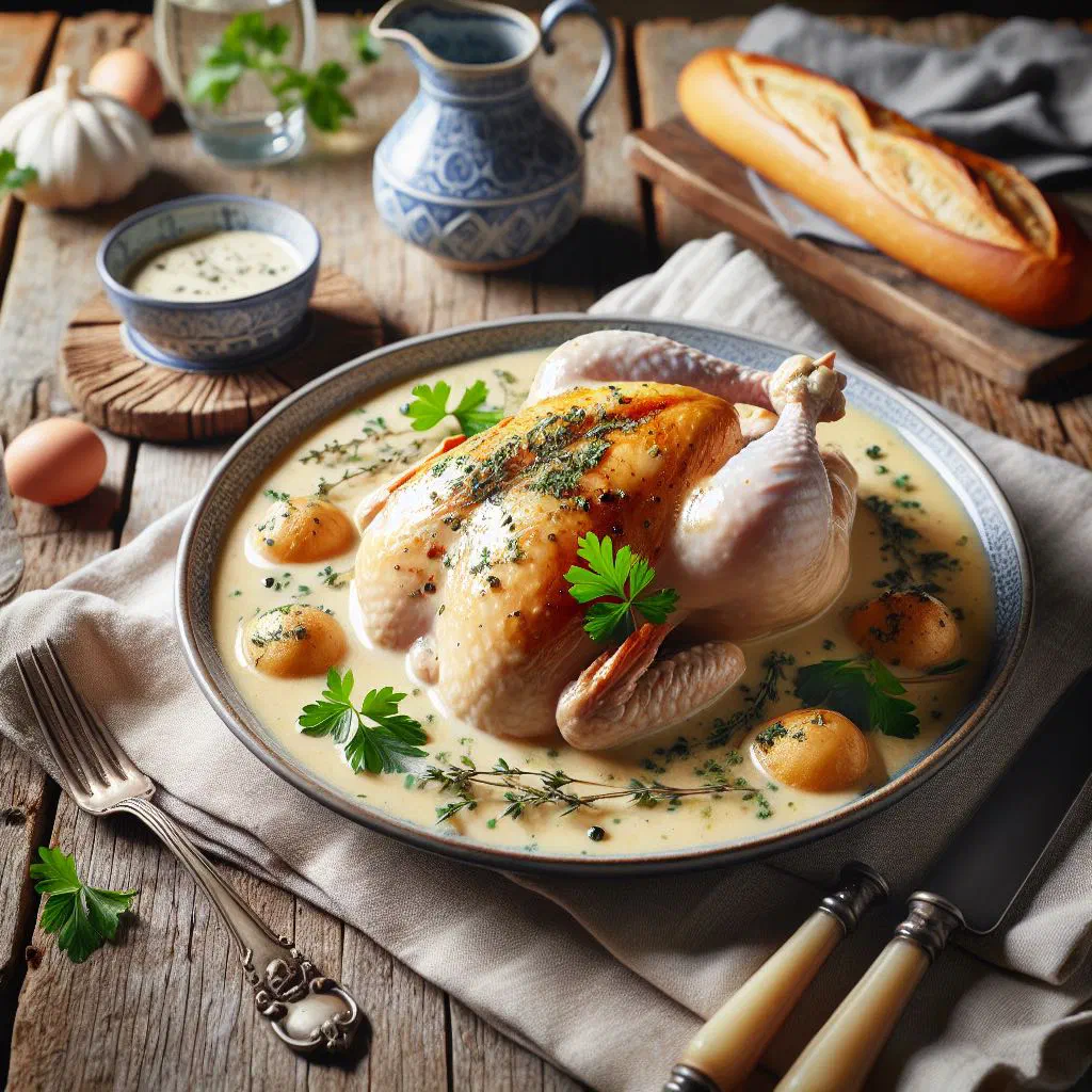 Bresse chicken pieces in a creamy white wine sauce garnished with fresh herbs