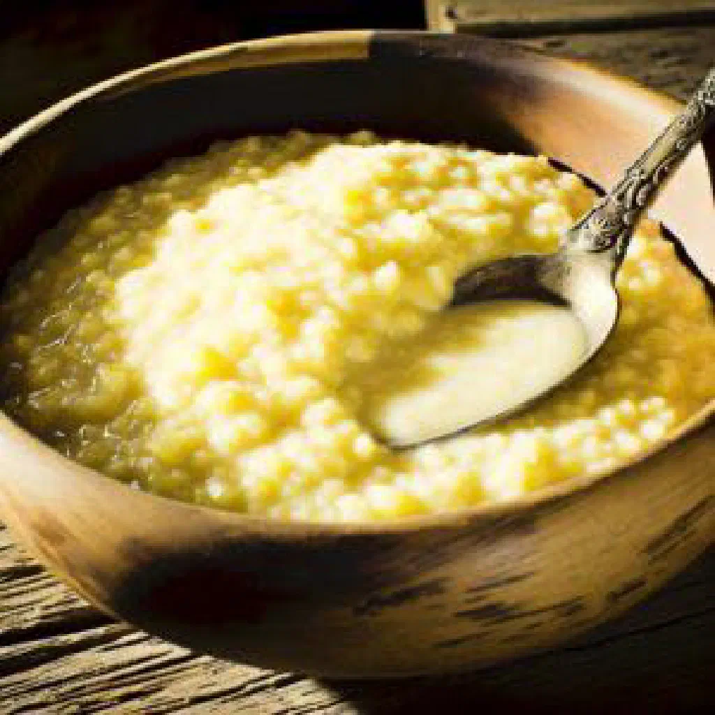 Creamy white akassa served in a bowl with fish and vegetables