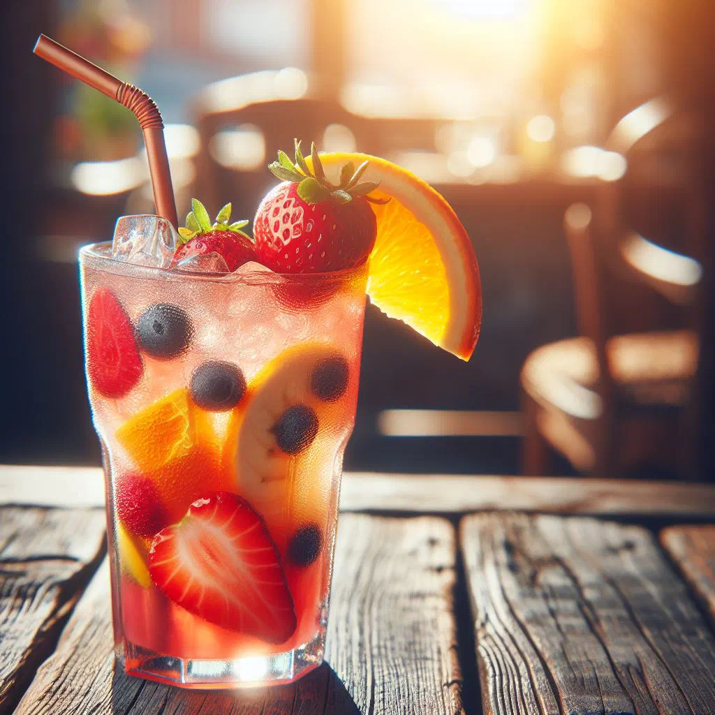 Glasses of chilled Gabonese fruit drink garnished with mint and fresh fruit