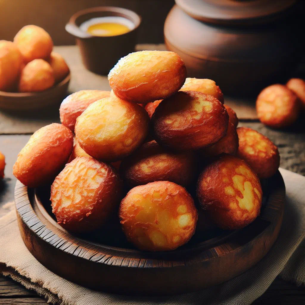 Golden deep-fried cassava fritters piled on a plate
