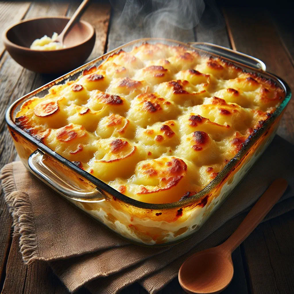 Golden baked cassava gratin with a browned cheese crust in a baking dish