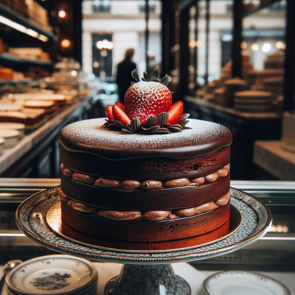 Slice of rich Gabonese chocolate cake dusted with icing sugar