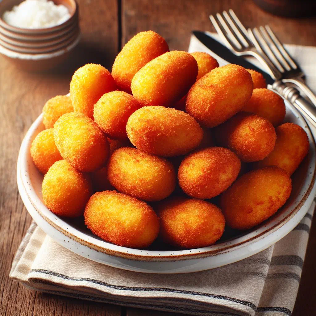 Golden fried cassava croquettes piled on a plate with fresh herbs