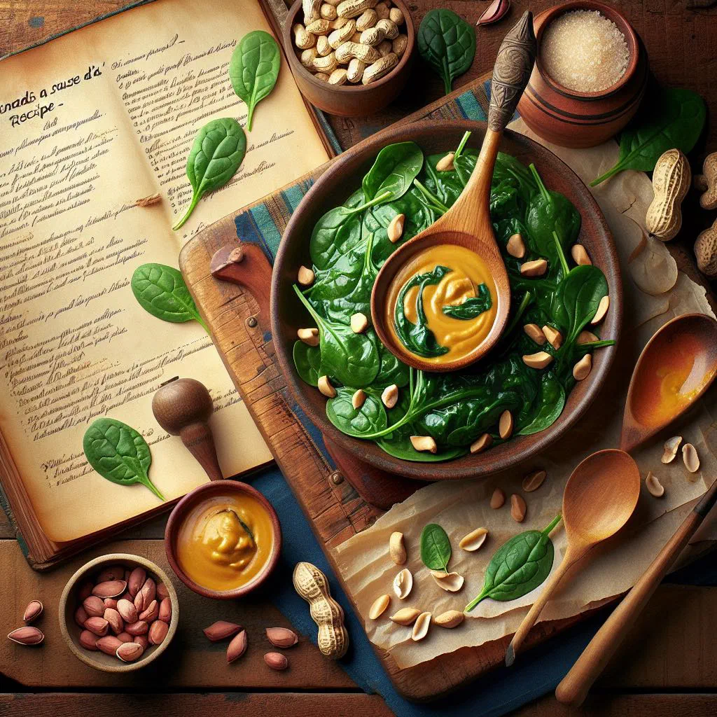 Bowl of spinach in creamy peanut sauce garnished with roasted peanuts