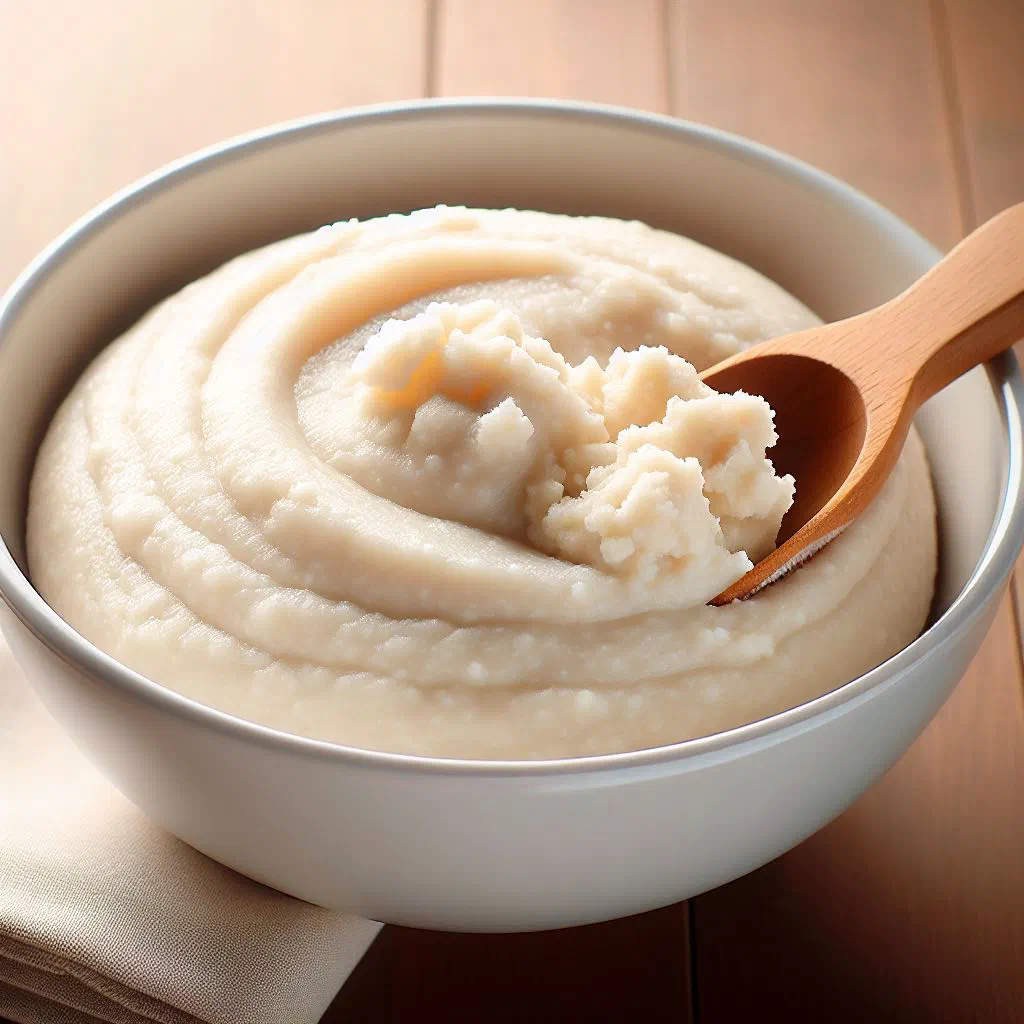 Smooth white cassava fufu shaped into a ball and served with sauce