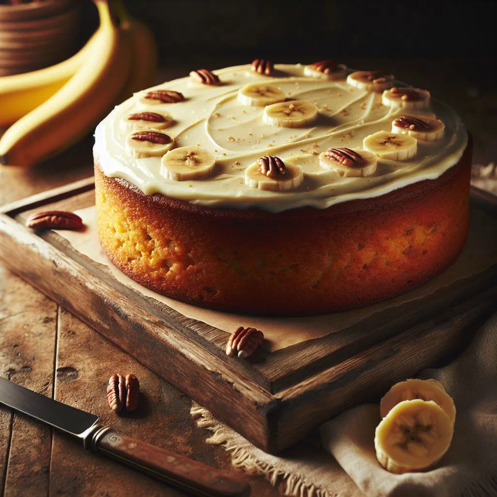 Golden banana cake sliced on a plate with fresh banana slices