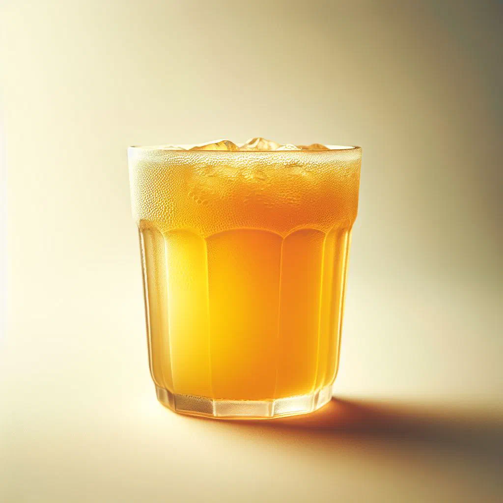 Chilled glass of Gabonese ginger juice with ice cubes and lemon