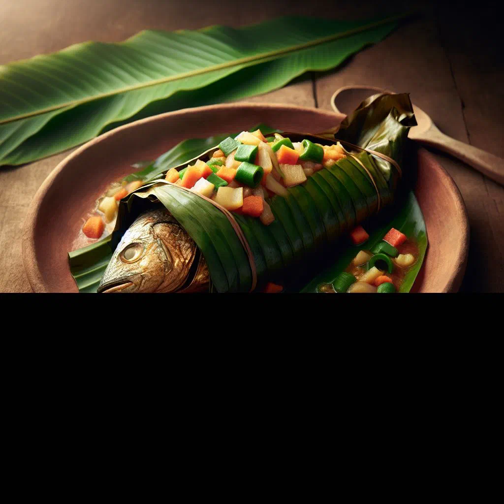 Steamed fish in banana leaves with tomatoes, onions and fresh herbs